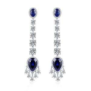 Pendientes Largos de Moda MSE-983 S925 con Diamantes Cultivados en Laboratorio de Corte Oval y Pera y Zafiros Cultivados en Laboratorio - Product Image 1