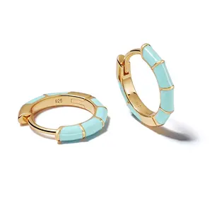 Gemnel fashion jewellery 18k gold bamboo enamel turquoise teal stripe huggie hoop earrings