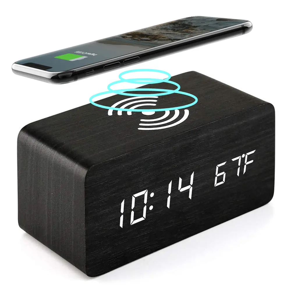 Wooden Digital Alarm Clock with Wireless Charger, Temperature, Humidity Led Display for Bedside, Office