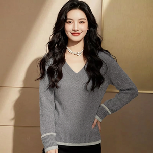 เสื้อไหมพรมคอวี แคชเมียร์ผสมขนสัตว์ ลายแจ็คการ์ด ทรงปกติ แขนยาว สีพื้น สำหรับผู้หญิง สวมใส่สบาย เหมาะกับฤดูใบไม้ร่วง ผลิตในบังกลาเทศ - Product Image 4