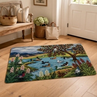 Tapis moderne en velours synthétique imprimé paysage pastoral avec bassin de canards et animaux, fabriqué à la machine en polyester, pour salon et chambre à coucher