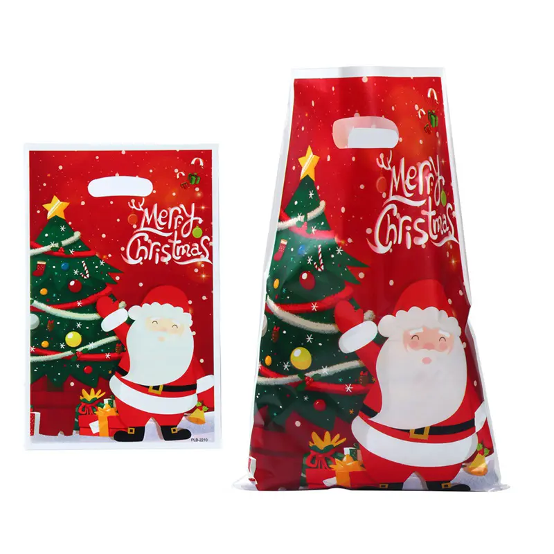 Aangepaste Merry Kerst Verpakking Tas Plastic Stans Cut Pe Bag Met Handvat Boodschappentas Voor Kerst