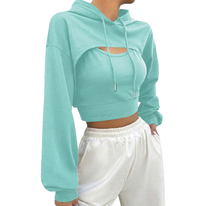 Sudadera Corta con Capucha para Mujer, Manga Larga, Color Sólido, Informal, para Primavera, Transpirable, Tejida, de Algodón y Spandex - Product Image 1