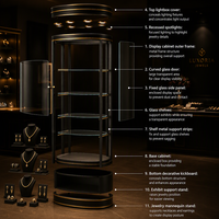 Eck-Schmuckvitrine Mattschwarz Gold LED Gebogene Glasvitrine für Luxus-Boutiquen