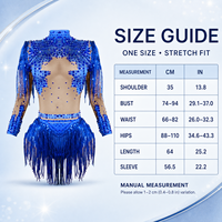 Body en strass bleus, maille nude, franges métalliques, col roulé, manches longues, costume de danse latine, drag, gogo, scène