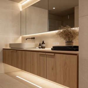 Mobile da Bagno Sospeso in <span class=keywords><strong>Legno</strong></span> |   Mobile in <span class=keywords><strong>Legno</strong></span> <span class=keywords><strong>Naturale</strong></span> + Lavandino |   Design con illuminazione a LED per bagni di piccole dimensioni - Product Image 2