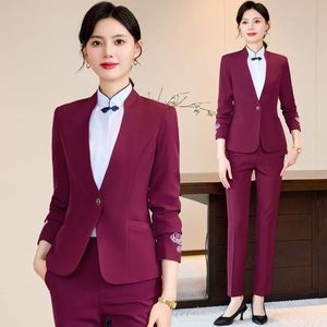 Chinese Style Women's Hotel Reception Uniform Suit Workwear Spring 2026 Blue Long Sleeve With Embroidery - Product Image 3