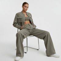 Ensemble de survêtement cargo utilitaire pour femme, veste bomber courte, pantalon cargo large, haut de sport côtelé, 3 pièces, streetwear, vente en gros