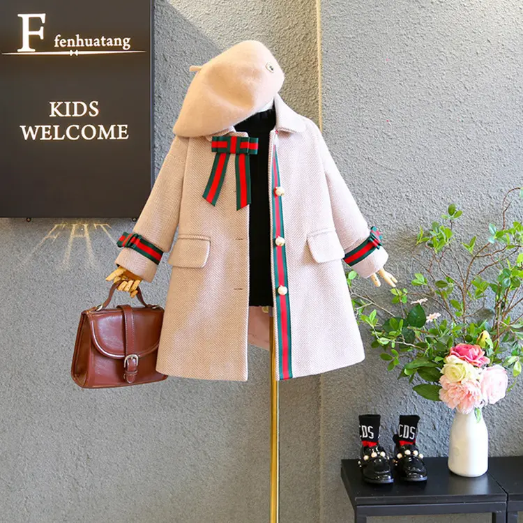 Корейский дизайн, Зимняя шерстяная ткань для девочек, модная ленточная декоративная плотная верхняя одежда, зимнее Детское пальто