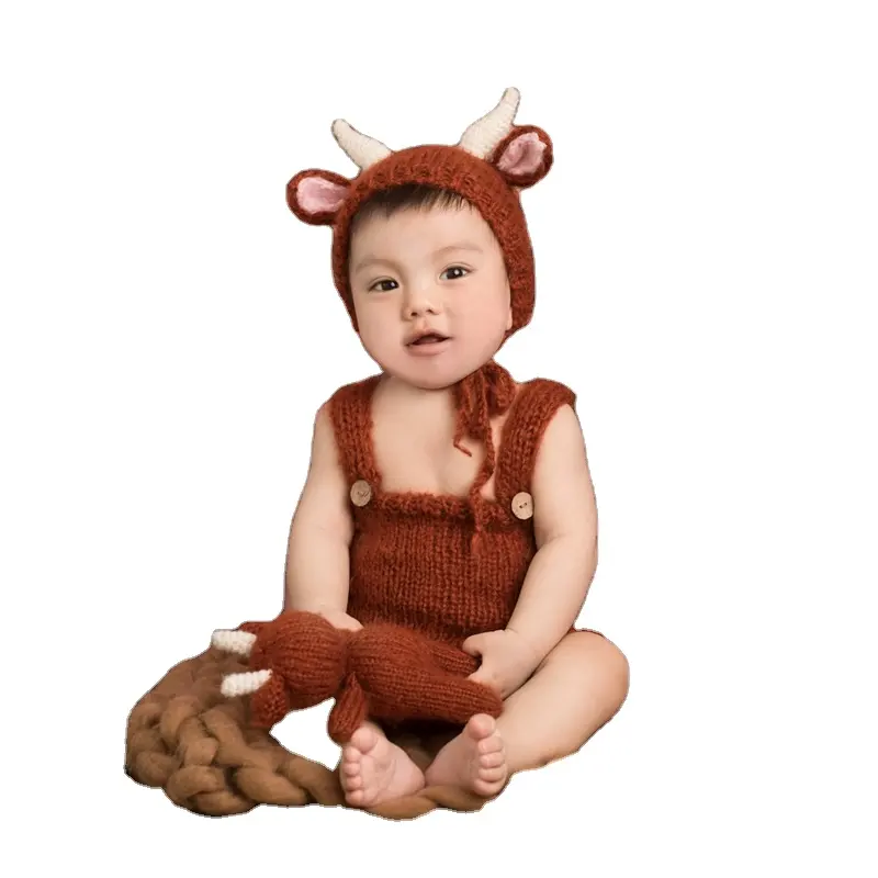 Baby lavorato a maglia Cartoon Animal Pattern Beanie Hat Cute Boy Girl Crochet Knitting Photography Suit Set