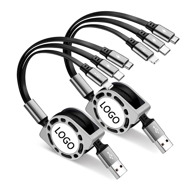 Custom Logo 3-in-1 Retractable TPE Charging Cable with Fast Charging (3A) for iPhone & Android Earphone Compatible