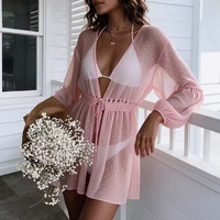 Robe de plage pour femme à pois suisses, manches longues bouffantes, col en V profond, taille à cordon, parfaite pour les vacances à la plage