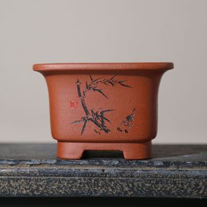 Maceta Cuadrada de Zisha, Hecha a Mano, de Arcilla Pintada y Tallada, con Borde Acampanado, para Calamus - Product Image 3