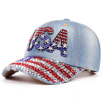 Casquette de baseball en jean avec drapeau américain et strass, effet vieilli, pour adultes