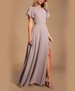 2023 New Fashion Women's Dress Casual Round Neck Short Sleeve Lavender Cut Out Maxi Waist Hollow Bottom Side Split Ball Dress