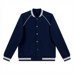 Chaqueta Varsity Azul Marino para Hombre, Estilo Preppy, Cuello Camisero, Cierre de Botones, Corte Regular, Prenda de Otoño, Tejido de Poliéster - Product Image 1