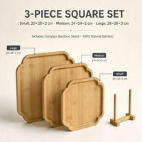 Ensemble de 3 plateaux carrés en bambou avec support en bambou, plateau de service carré à bords festonnés pour la décoration de table