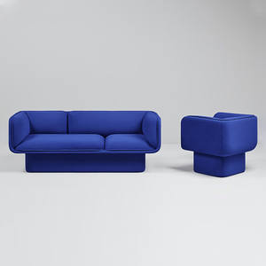 Canapé trois places bleu moderne avec fauteuil individuel, rembourré en mousse, mobilier de salon, design carré, style artistique - Product Image 1