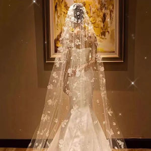 Nouveau voile français en dentelle de fleur d'ananas, luxe Flash perceuse Extra longue queue voile doux de mariée Super fée blanc <span class=keywords><strong>Vintage</strong></span> perle voile - Product Image 4