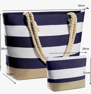 กระเป๋าชายหาดลายทางขนาดใหญ่พร้อมซิปปิด ผลิตจากโพลีเอสเตอร์ ชุดกระเป๋าช้อปปิ้งสะพายไหล่ - Product Image 5