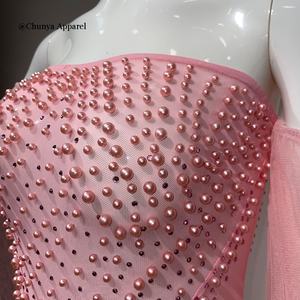 Vestidos de noche de malla Vestidos de fiesta de diamantes de imitación Perla Hasta el suelo Vestido sin tirantes para damas - Product Image 2