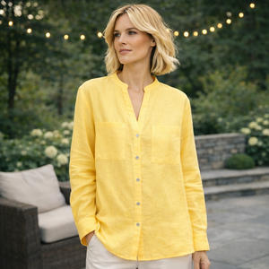 Fornitore di Alta Qualità per Personalizzazione Abbigliamento Femminile: Eleganti Camicie Larghe in <span class=keywords><strong>Lino</strong></span> Giallo con Bottoni e Maniche Lunghe per Donne - Product Image 1