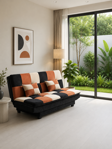 Canapé-lit contemporain en velours avec motif à carreaux en noir, marron et beige pour salon - Product Image 2