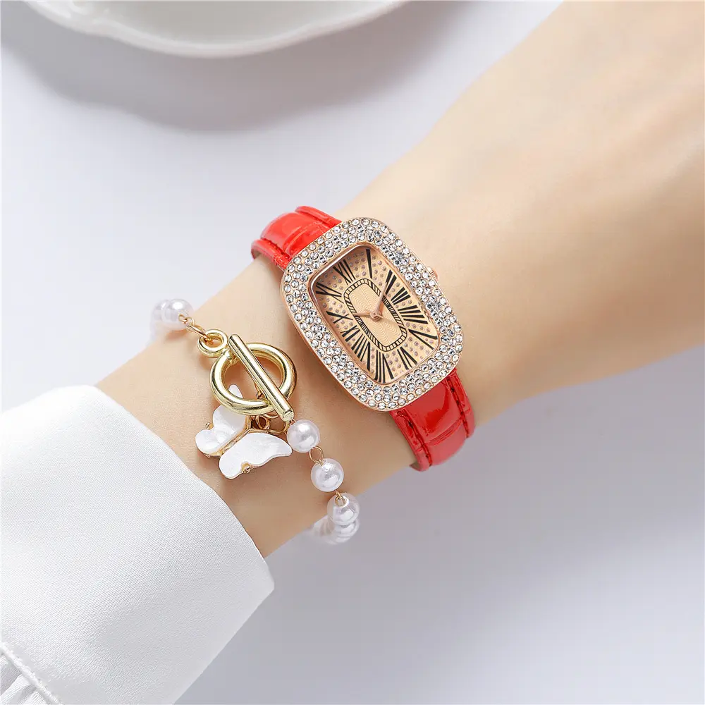 9811 Europe popular Women Watches with bracelets Butterfly 2023 Luxury red Ladies leather watches gift set