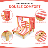 Chaise longue double pour enfants avec auvent, chaise d'extérieur en bois avec coussins et porte-gobelets pour patio et bord de piscine