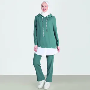 गर्म बिक्री उच्च गुणवत्ता फैशन झूठी दो टुकड़े महिलाओं हूडि पैंट चिथड़े इस्लामी कपड़े महिलाओं 2 टुकड़ा मुस्लिम सेट