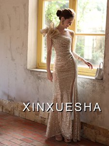 Vestido de noche de sirena de alta resistencia con lentejuelas, largo hasta el suelo, de un solo hombro, con diseño floral, para pasarela, con borlas, abertura y cola de pez, para <span class=keywords><strong>Bar</strong></span> Mitzvah - Product Image 6