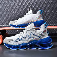 Chaussures de sport décontractées montantes pour hommes, style chaussette, imprimées color-block blanc-bleu-jaune, multi-colonnes, absorbant les chocs, tendance