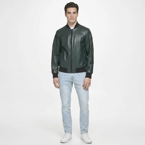 Customizable Vintage Style Men's Genuine Cow Skin Leather Varsity <b>Jacket</b> Stand Collar <b>Zip</b>-<b>Up</b> Closure Breathable Coated Fabric - Product Image 1