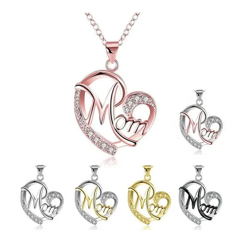 Mother's Birthday Gift Brass Heart-shaped Opal Crystal Zircon CZ Stone Letter MOM Pendant Necklace