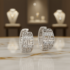 Orecchini a Cerchio Geometrici Classici Placcati in Oro Bianco Argento 925 con Cristalli e Strass per Uso Quotidiano Femminile - Product Image 2