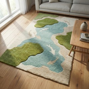 Blue River Koi Fish Wool Rug with Moss Green Abstract Hand Tufted Texture Area Carpet for Living Room Bedroom Nursery <b>Kids</b> Room - Product Image 5