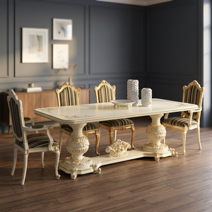 Ensemble de salle à manger en bois massif blanc antique de luxe français avec revêtement en cuir synthétique NFDT6 Meubles de maison Tables à manger - Product Image 3