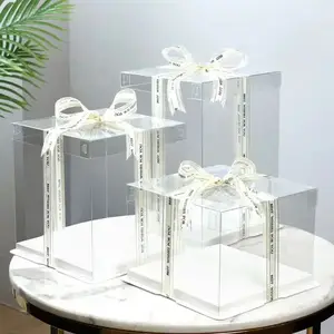 Wholesale Tall Transparent Plastic Clear Cake Packaging Box Square Wedding Pop Bakery Cake Box