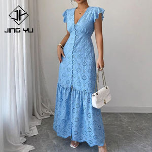 2026 New Fashionable Deep V Embroidered Button Maxi <b>Dress</b> Custom 100% Cotton Embroidery <b>Dress</b> - Product Image 2