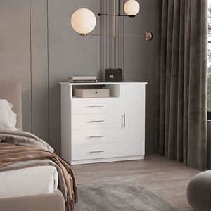 Commode Baylon blanche à 4 tiroirs et 1 étagère, meuble élégant avec solution de rangement pratique - Product Image 1