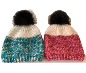 Premium Winter Knit Faux Fur Bobble Hats Manufacturing Girl's Multicolor Acrylic Mohair Fur Pompom Beanies