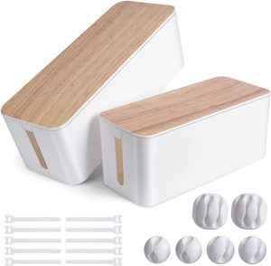 Cable Management Box, 2 Pack Large & Medium Bamboo Style Cable Organizer Box with 17 PCS Cable Management Set, Cord Organizer