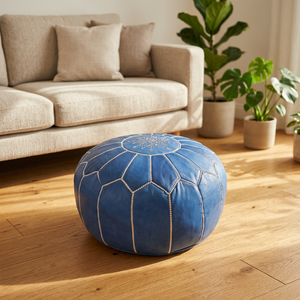 Blue <b>Moroccan</b> <b>Leather</b> <b>Pouf</b> Ottoman Handmade Stitched Cushion Seat Traditional Style Modern Bedroom Home Furniture - Product Image 4