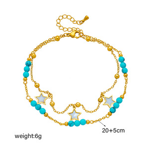 Chaîne de cheville bohème superposée avec perles turquoise, en acier inoxydable doré, breloques étoiles et coquillages incrustés, double chaîne pour femme, idéale pour la plage - Product Image 6