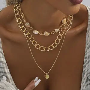 NK230102 fashion jewelry copper gold necklaces heart choker shell chunky chain necklace link chain multi layered necklace