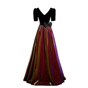 Black Gradient Velvet Evening Gown V-Neck A-Line Mid Sleeve Elegant Formal Dress For Women - Product Image 5