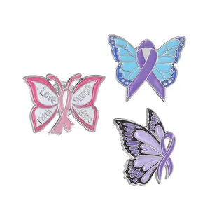 制造商珐琅粉色紫色蓝色蝴蝶丝带癌症意识胸针徽章胸针翻领针 - Product Image 1
