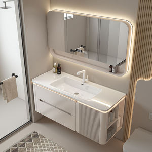 Meuble-lavabo flottant blanc crème personnalisé en gros avec coins arrondis, miroir LED et design compatible robot aspirateur - Product Image 4