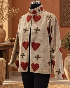 Veste en velours beige brodée Suzani pour femme, élégante, florale, ethnique, vêtement d'extérieur d'hiver, tenue de soirée de créateur, mode en gros - Product Image 3