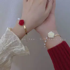 Korean Handmade Wove Rose Flower Bracelet For Women Girl Fashion Lacquer Red Rope Beaded Bracelet Party Jewelry Gifts